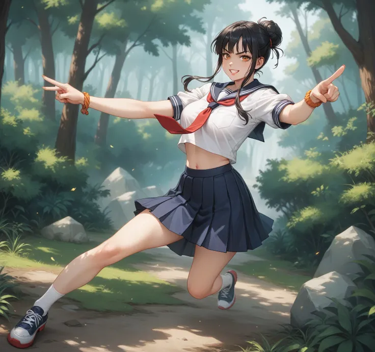  A young woman with a stylized Japanese schoolgirl look is standing in a confident and threatening posture,  with one hand around her waist and the other hand raised in a combat gesture ,  pointing forward .

 She has pale skin and wears a white school shi...