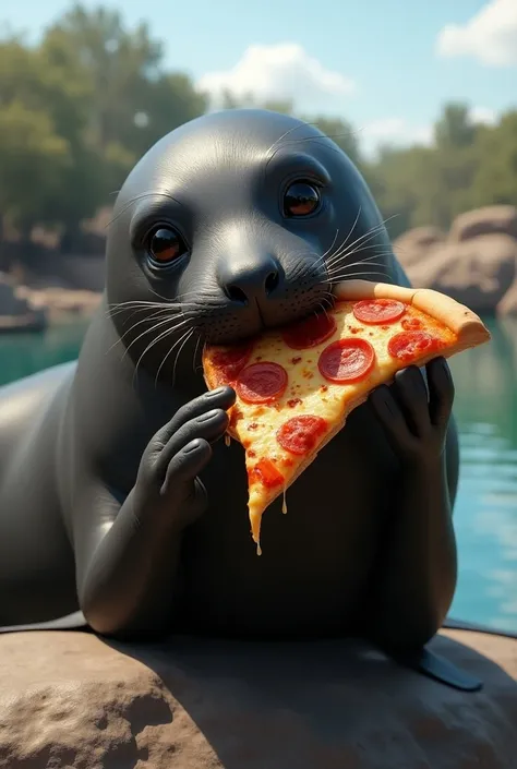 A black seal at the zoo eating pizza on a windy day 