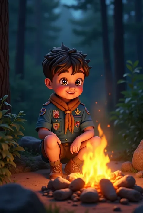 image of a small boy scout of  wearing a brown scarf, Midnight blue shirt with Liz flower badge in front of a camping campfire
