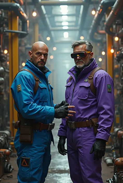 In a factory, there were two old technicians, one is were blue and thin, the other were purple and goggles. bothers very cunning