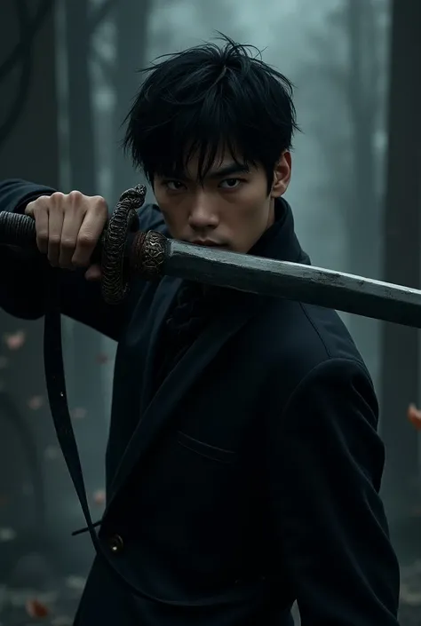 a black-haired man, hazel eyes, with serpent sword in right hand, intense atsmophere with manhwa style, short hair. modern style