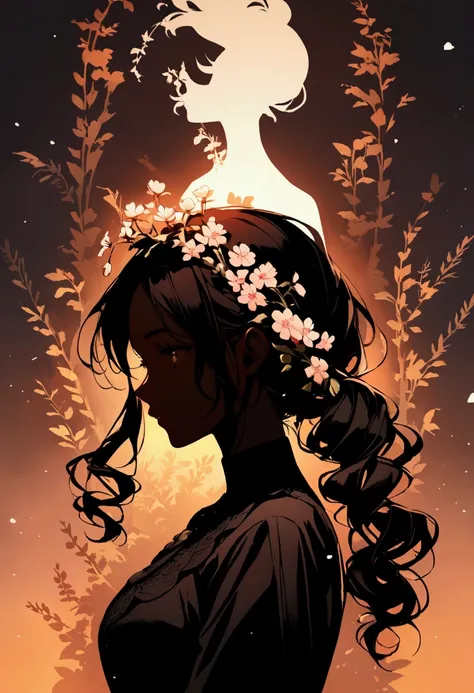 Black woman with flowers in her hair, silhouette