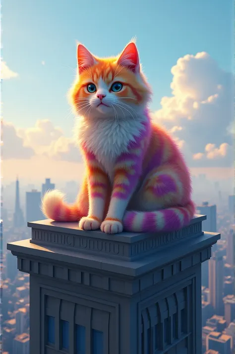  The cat should be on top of the building, sits and licks paws ,Fluffy,bright color 