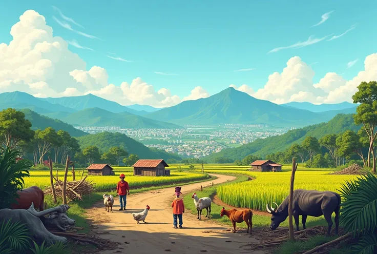  Make a vedtor IMAGE: a Plundered small thai vector rice farm with animals wiith as backdrop  a thai city.  with a backdrop of mountains and a wide, open vector sky. The setting feels a little barren, suggesting a harsh life