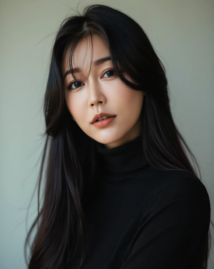 1girl, studio, headshot, medium shot, black turtleneck, black hair, straight hair, long hair, asian