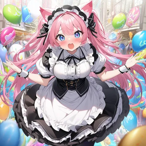 1girl, masterpiece, Best Quality,  very aesthetic,  ultra high resolution、Maid、Maid服、Cat ears、tail、 Beautiful Girl、Cute、Beauty、beautiful、Shake it、 imaginary、 colorful 、 is embarrassing、Embarrassed