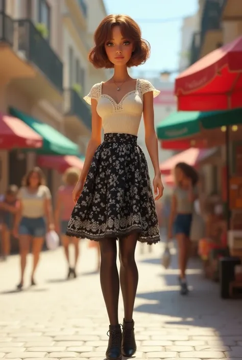 Pretty Barbie doll , adjust, ,  short wavy brown hair pixie cut ,  cream short sleeve blouse with Peter Pan collar in crochet ,  high waist black printed skirt ,  in crochet black high heels  ,  black pantyhose ,  walking on the sidewalk in a busy square w...