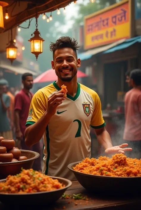 Football player Neymar Jr., in a busy Indian street stall. He enjoys a large plate of spicy curry with his hands, laughing as the food slowly drips from his fingers. Around it, there are lively vendors calling out customers, while colorful Hindi signs and ...