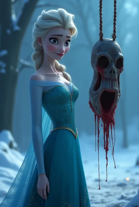 Hight quality, very beautiful elsa frozen, male neck bloody splashed, elsa frozen big breast, male full mask, several long knife stuck into male neck, male hanging, male die, Disney elsa frozen, Elsa is kind with her sweet smile