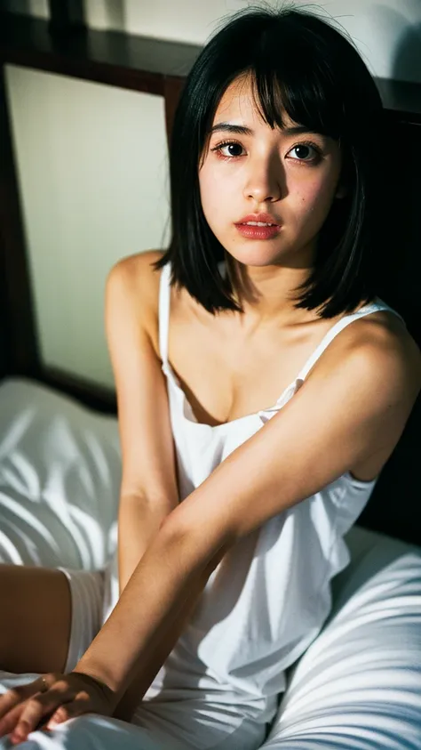 ultrahigh-res,best quality and best aesthetic,(film photography:1.2),film grain,film particles,grainy,full body shot,flash photography, a photo of a 20-year-old Japanese idol, solo focus, black hair, looking at viewer, mascara,black eyes,shorthair, eye sha...