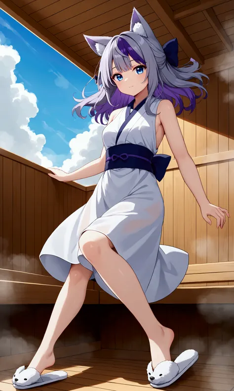 1girl, solo, sky, jumping, multicolored hair, purple hair, grey hair, blue eyes, furrowed brow, hair bow, wolf ears, sash, slippers, sauna