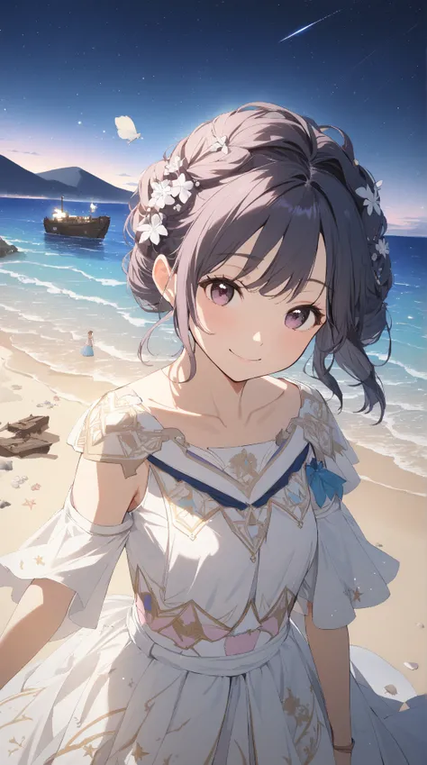 1 girl, ( cute face),  medium hair, (to many hairstyle:1.2),  small breasts,  Fantasy World Dress, ( Smile in Front of a Shipwreck :1.3),  sandy beach, break, Calm sea, (Under the stars:1.2),  Dreamy Atmosphere ,  Touch Ship Decorations , break, Beach Path...