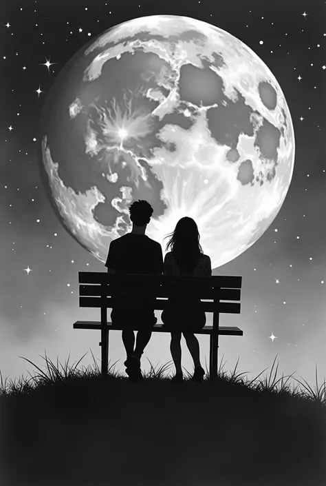 Get a tattoo where two people  ( men and women are approximately 18 and 20 years old )  both sitting on a park bench but all that must be on the moon ,  there must be nothing but the two people on the bench and both on top of the moon, They must be above t...