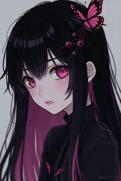 Demonslayer oc look a like kanao eyes but life less,has black hair but has a magenta tips on it, has bangs and long hair a butterfly hairclip placed on the bacj has a mole only in the right eye, soft and delicate face and pink lips