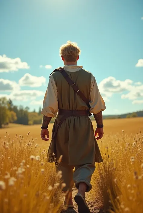 young man, blonde,  poor commoner of the middle ages walking with his back to the camera in a field of yellowish pastures on a sunny day,  blue sky with sun rays that fall on his head ,  with no other background element other than the blue sky . The young ...