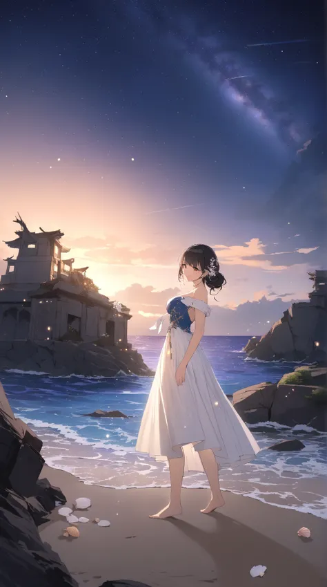 1 girl, ( cute face),  medium hair, (to many hairstyle:1.2),  big breasts at the temple,  Fantasy World Dress, ( Smile in Front of a Shipwreck :1.3),  sandy beach, break, Calm sea, (Under the stars:1.2),  Dreamy Atmosphere ,  Touch Ship Decorations , break...