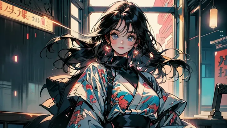 80s anime style, alone, beautiful woman with long straight black hair, retro dress, nighttime in Tokyo, outside the window, anime