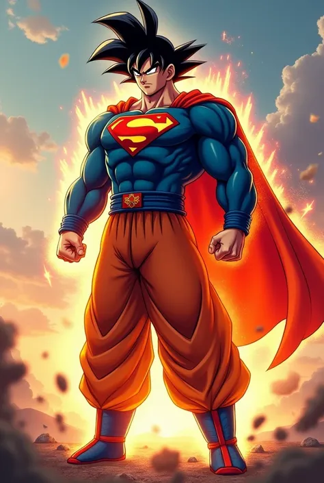 {
  "prompt": "A powerful hybrid character combining elements of Superman and Goku. The figure has the muscular build of Superman, with a chiseled physique and a confident stance, but with the spiky black hair and intense eyes of Goku. He wears a modified ...