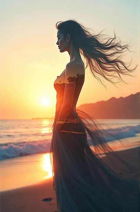 high quality,  8k Ultra HD , eine wunderschöne Double exposure,  which combines a goddess silhouette with a sunset coast.  The sunset coast should serve as the underlying backdrop ,  where her details flow into the goddess. sharp lines, The background is m...