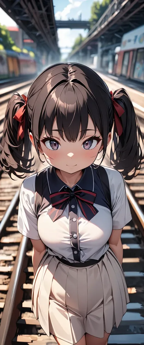 Young woman walking on railroad tracks、long shot、 Fisheye Lens ,  blurry background, beautiful,masterpiece, Super detailed,  Hi-Res,(1 person,  cute young woman, Age 15, medium bust ,  black hair,  twin tails、Big red ribbon、profile、Im going to take my gaze...