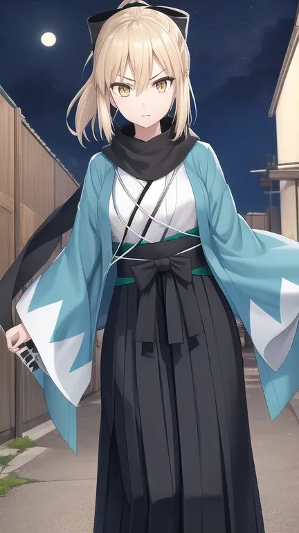 1girl, okita souji, ahoge, blonde hair, hair between eyes, hair bow, (long hair, lower ponytail:1.3), yellow eyes, (slender:1.3), 
break, arm guards, wide sleeves, toeless legwear, Heart, white Kimono, Shinsengumi, haori, hairbow, black scarf, scarf, Kimon...