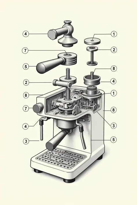 only the internal parts of an espresso machine marked with a number each
