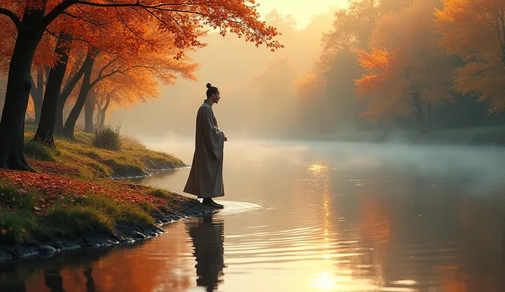 Zen master walking along a peaceful riverbank surrounded by vibrant autumn leaves, gentle sunlight, ultra HD"