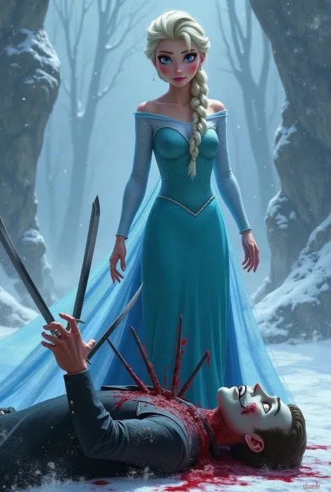 Hight quality, very beautiful elsa frozen, male neck bloody splashed, elsa frozen big breast, male full mask, several long knife stuck into male neck, male die, Disney elsa frozen