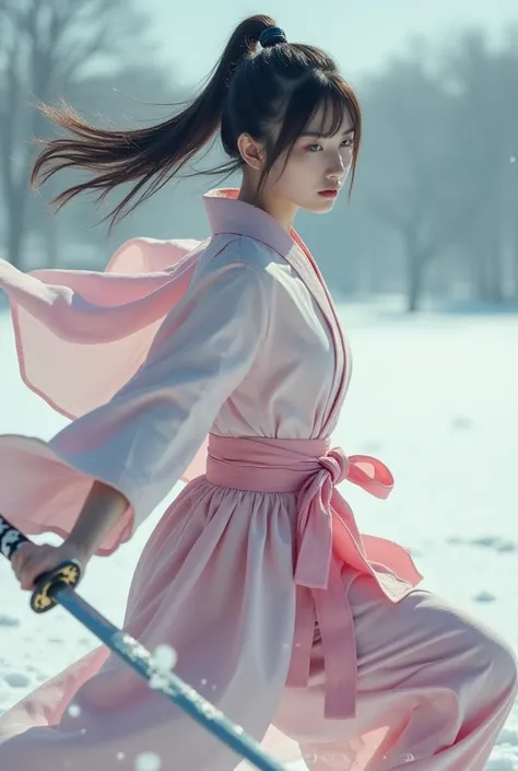 ((best quality)),  (detailed), 1girl, 
Japanesebeautifulgirl,
 ponytail {x} a swordsman wearing a pale pink kimono、 fluttering his hair like in the movie 、 wield a Japanese sword in a snowy field 、 dynamicsphoto 、 slender、slim、In the snowy field、 with the ...