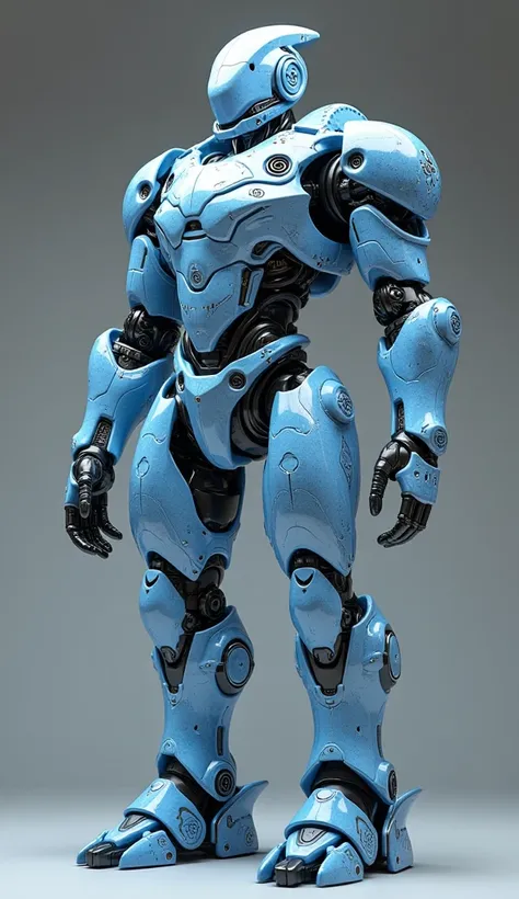 A majestic robot with chinese porcelain texture, hyper realistic, blue color, grey matte background, detailed art