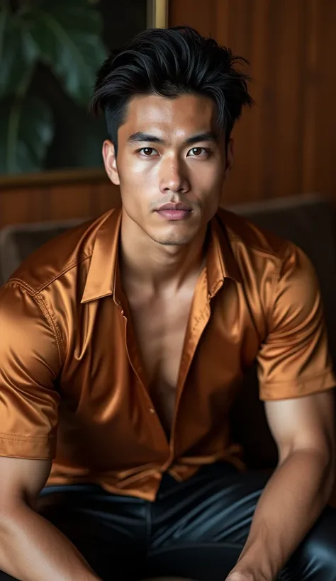 A Thai man, extremely detailed eyes and face, beautiful detailed lips, longeyelashes, shiny bronze satin shirt, black leather pants, sitting on the couch, holding hand, sexy face, under cut hairstyle, realistic, photorealistic, photo-realistic:1.37, 4k, 8k...