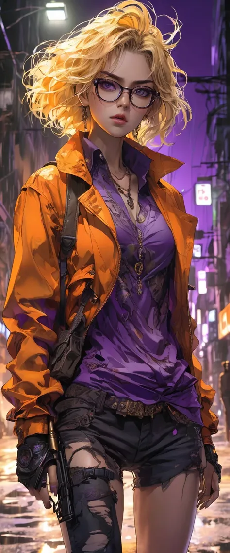 High image quality、 anime style、 glasses。 Learn more → Good looking woman with sharp eyes peeking through dark and torn , Young and beautiful muscular body , Ferocious look, Gun in hand, (The color of her clothes, warm,  orange, yellow, violet:1.3),  stand...