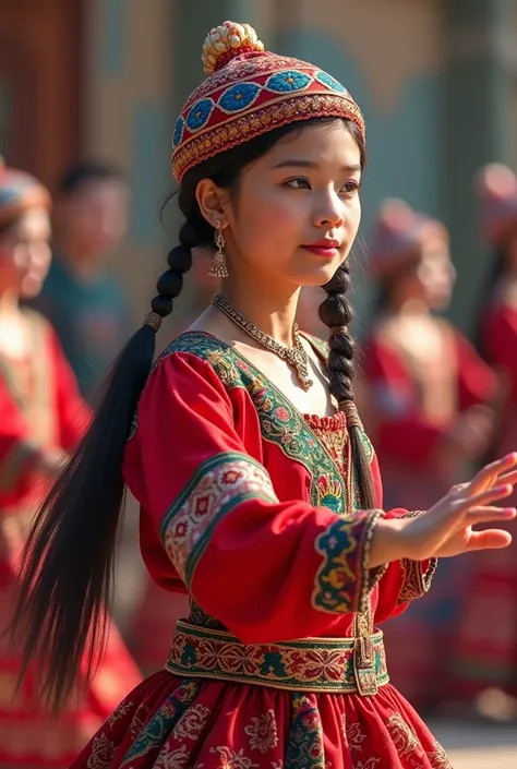  Uzbek dance with black pigtails and wearing a skullcap.