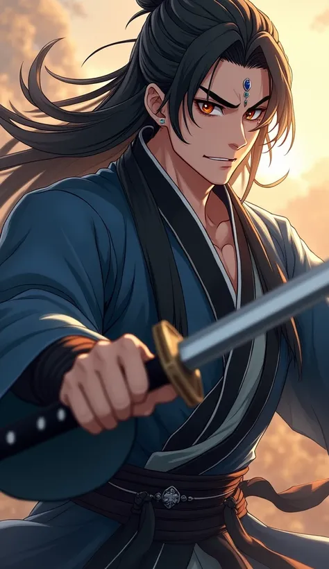 A Chinese handsome man dressed in a black and blue warrior hanfu, taking a sword, in a battle field,Long Hair, Black Hair, Sidelocks, Parted Lips, brown eyes,Angry, Cowboy Shot, Blurry Foreground, Forehead Jewel, Backlighting, Glowing Light, Anime Style, C...