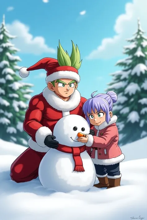 Black-haired Vegeta con ropa navidadeña and Blue-haired Bulma making a snowman in the company of Lilac-haired Trunks 