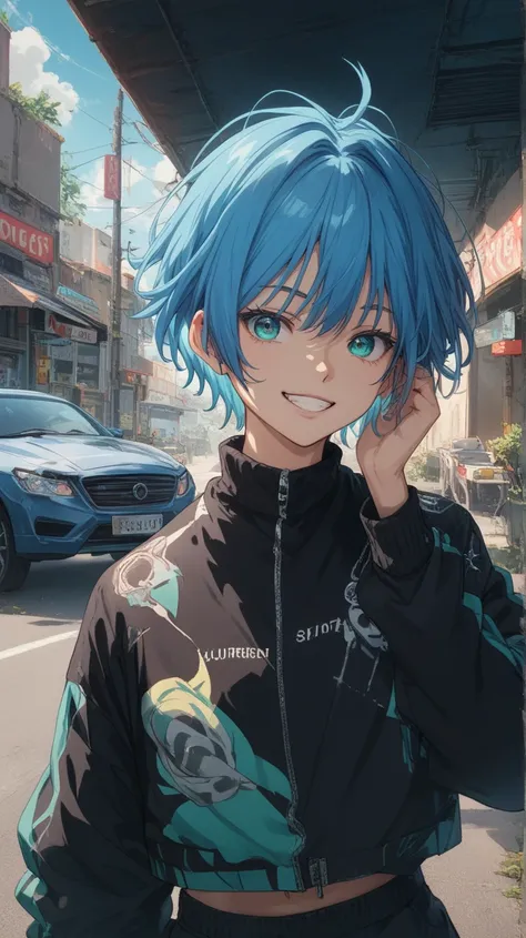 straight to viewer A streetwise bad boy with short blue hair styled in a fauxhawk, wearing a high-collared black bomber jacket with neon green accents and a silver chain necklace. He has a mischievous smile as he stands in front of an old sports car parked...