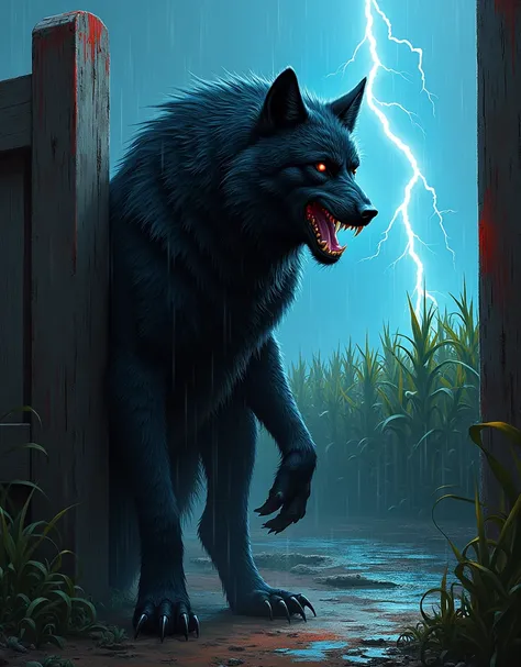 A realistically rendered image capturing a close-up of a werewolf standing confidently in the rain next to a gate near a farm. The werewolf has sharp teeth and claws and is covered in black fur. Its face has long, floppy ears like a pigs and its likeness a...