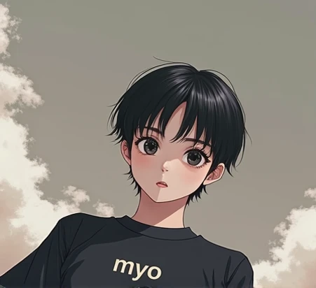 Girl manga style。Handsome style 。solo。 wearing a black t-shirt 。The word Myo on a T-shirt。 fluffy atmosphere。 no background 。Angle is up。