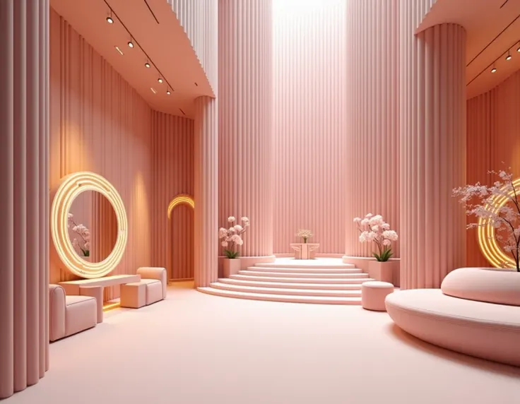 Create a pink high-end showroom with a tall 