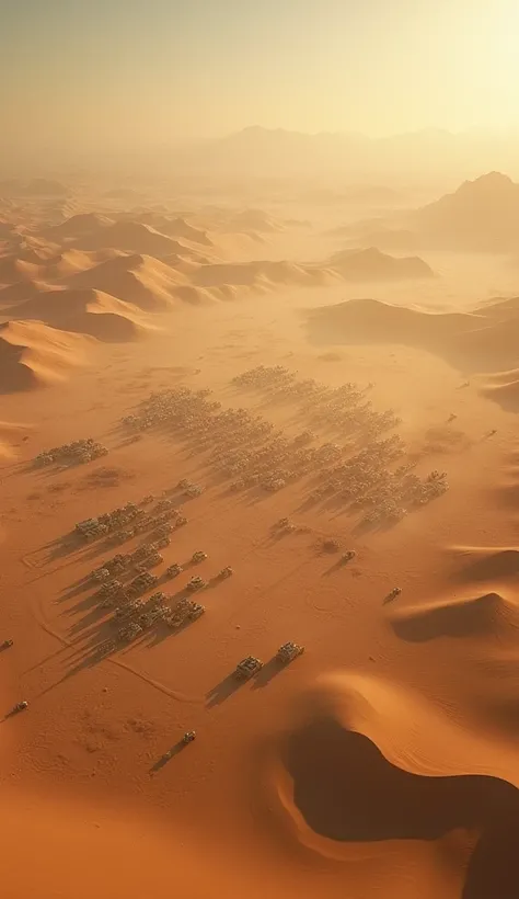 4K HD QUALITY Desert Battlefield Overview: An aerial view of a large-scale desert battlefield with Khalid’s forces in strategic formations, surrounded by dusty hills and sand dunes, capturing the expanse and complexity of his tactical genius