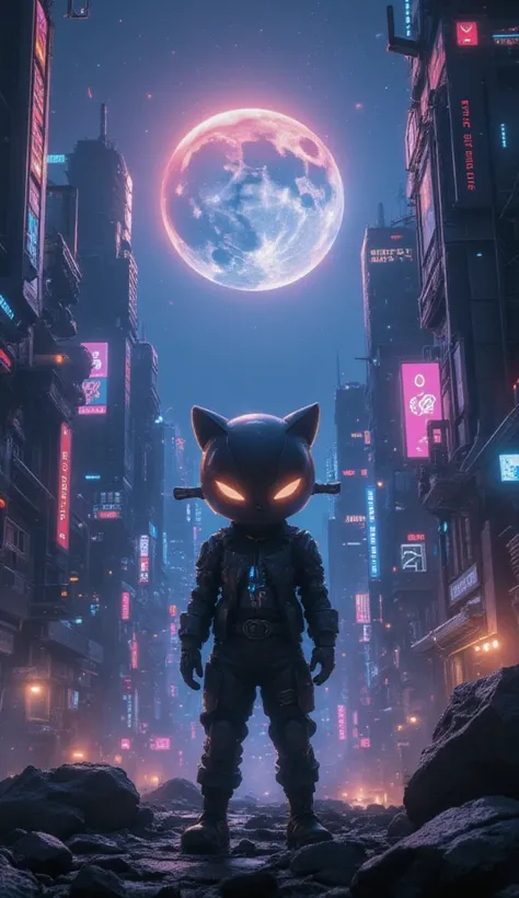 A cyberpunk cityscape under a full moon, neon lights casting vibrant shadows. Flux TenTen, the mascot, stands prominently in the foreground, illuminated by neon glow. The mascot is depicted in a dynamic pose, surrounded by futuristic elements and towering ...