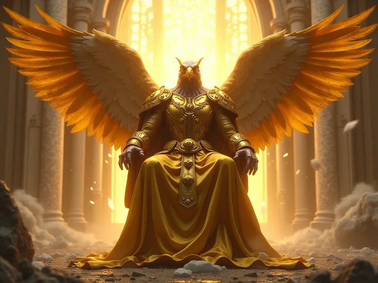  The humanoid eagle vulture can be described as having a human body and (  Eagles Head  ) and golden wings, human arm , Creatures walking upright, (( Floating on the Throne )) ( Extremely fine CG Unity 8K wallpaper ),  , Atea Gaylan,  Ghibli Studio, Jeremy...