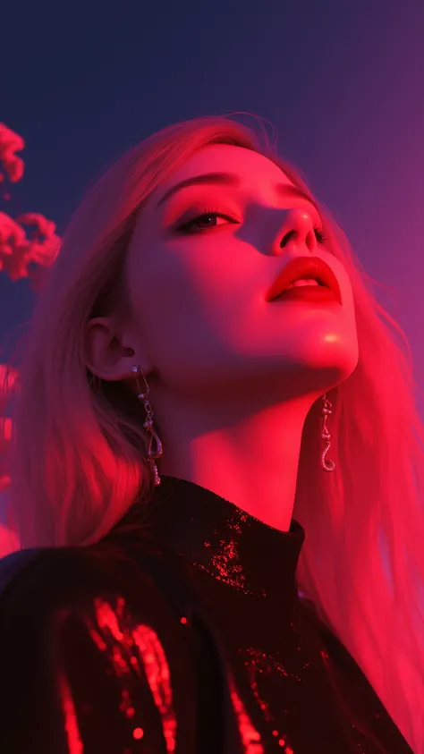 The image is of a woman with red lips，The style is a colorful sky、Neon color palette、beauty of simplicity、Glow shadows、sun-kissed palettes、smooth lines、Olympus，Latex and black leather，Snapshot style aesthetic、Mirror、webcam、whole body、clean