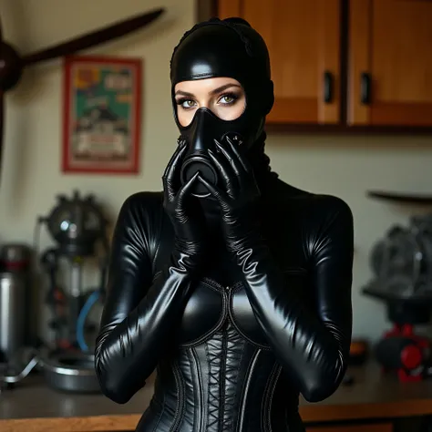 HQ print photo. 35mm lens. a very tall Goth woman. 35 years of age. tight hourglass figure. amused expression. black shiny latex swim cap completely covering head and chin. heavy smoky eye makeup. wearing a (black vintage full face military gas mask with v...