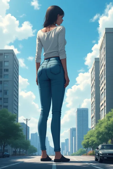 Giantess Art、20th Generation、 Japanese、Feminine body、High-rise apartment at your feet、 turn your back、 shirt and jeans、Destroy the car underfoot 