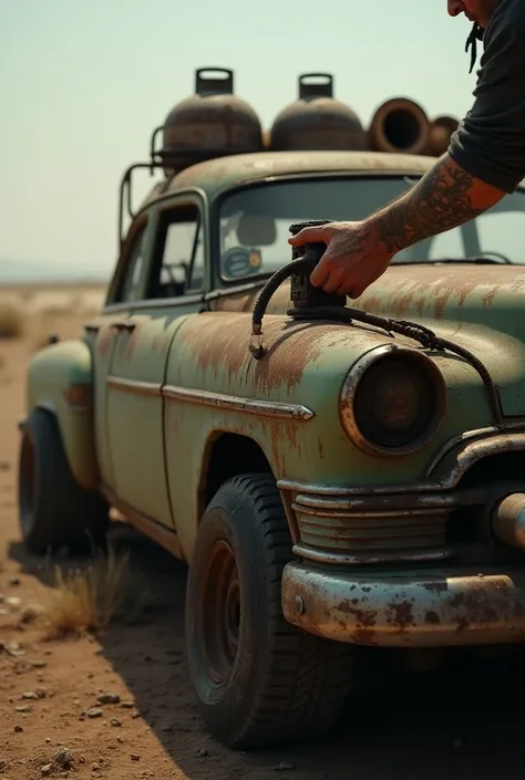 
Charger car, the dirty hand with post-apocalyptic tattoos is seen opening the nitrogen valve to boost the engine inside the car, there are two nitrogen tanks inside the car, everything looks worn, post-apocalyptic world