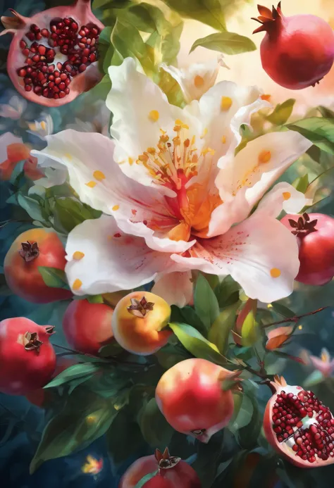 Best Quality, masterpiece, ( Hi-Res, several people having fun with each other while having very detailed :1.2), Movie Lighting, bright color ,
(White lily flower)、(flower), Light Pink Background, Bokeh.(Pomegranate :1.5)、peaches and lots of white flowe...