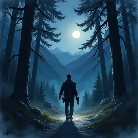  Create in Watercolor style. dark. Create scene from NIGHT .  Showing the officer in front with the gun in his hand,  and a flashlight in the other hand .  The policeman enters the forest , and its very dark . The police officer is afraid and a little afra...