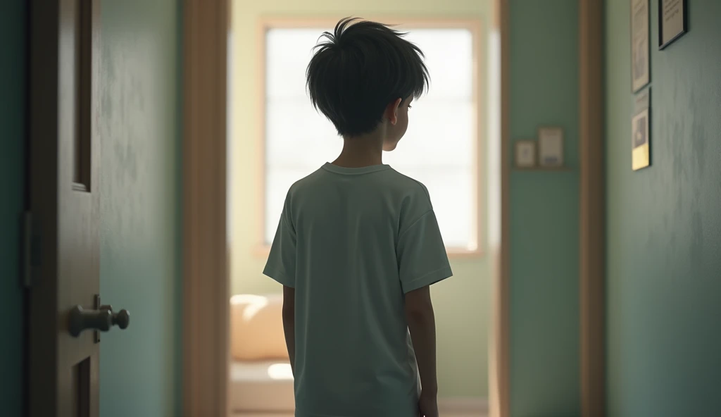  adult  boy in a T shirt  standing with his back to the viewer, 