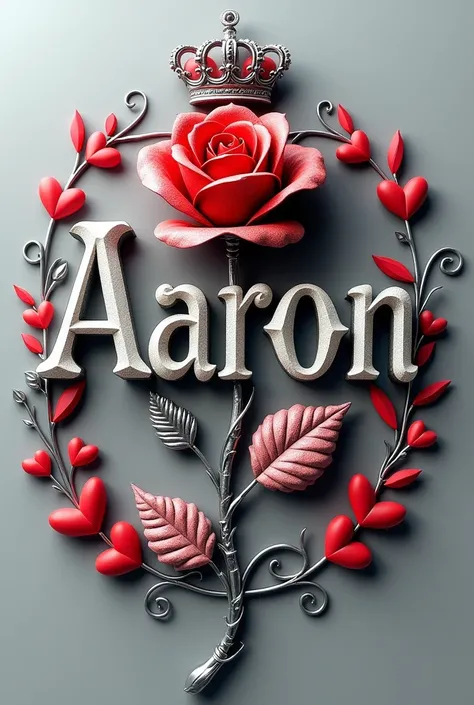 Prompt 👇 

3D rendering of the name "AARON" in bright red, white and black. The tri-color. The name is intricately crafted in a floral pattern and decorated with crowns, hearts, and vines. The overall effect is regal and sophisticated.
The soft gray backgr...